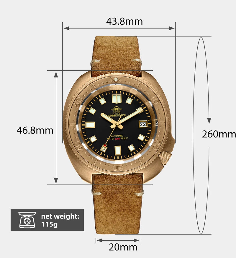 ADDIESDIVE AD2104 Retro Men's Watch CUSN8 Bronze Case Sapphire Automatic Mechanical Watch Watches Waterproof Luminous Wristwatch
