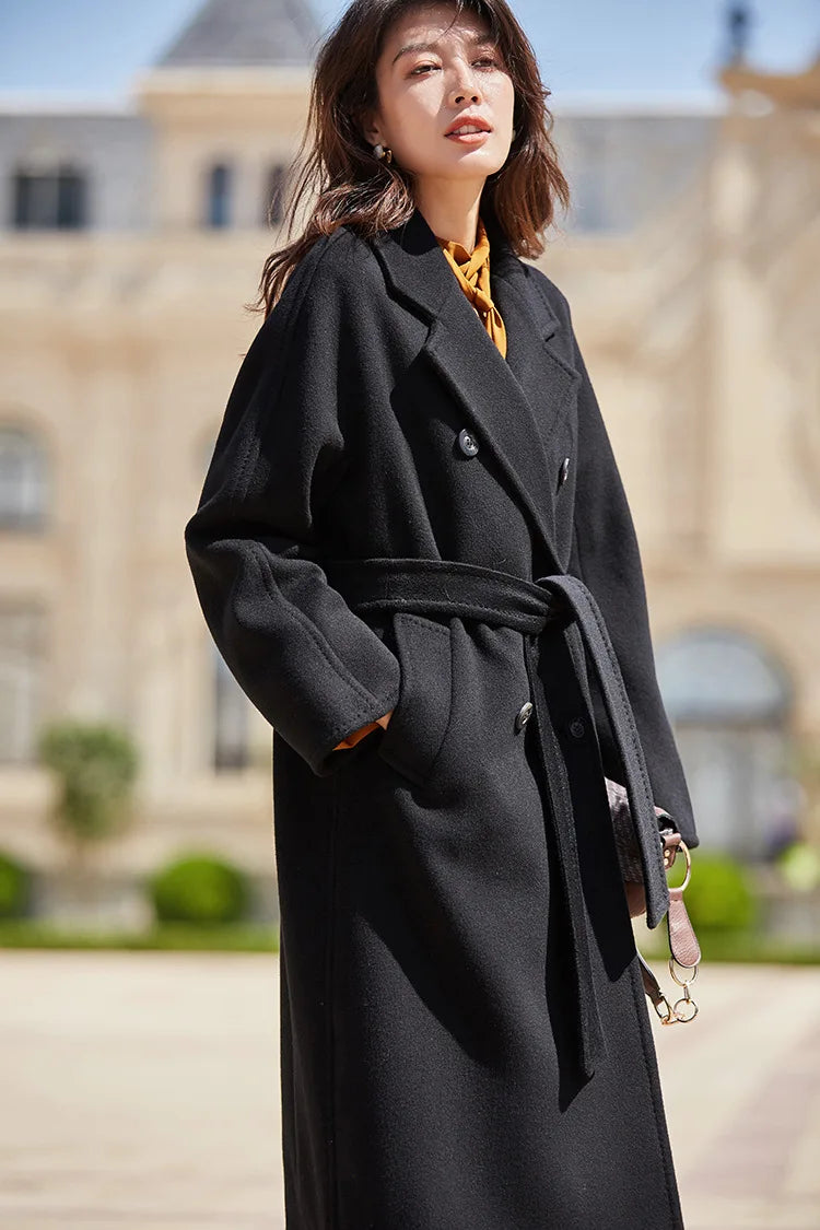 Women 100% Wool Coat For Winter Elegant Beautiful High Grade Brand Blends Double-breasted Office Woolen Overcoat XS With Belt