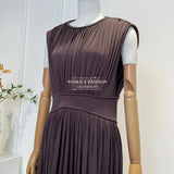 2025 New Brown Coffee Sleeveless Pleat Slit Hem Maxi Dress for Women Elegant
