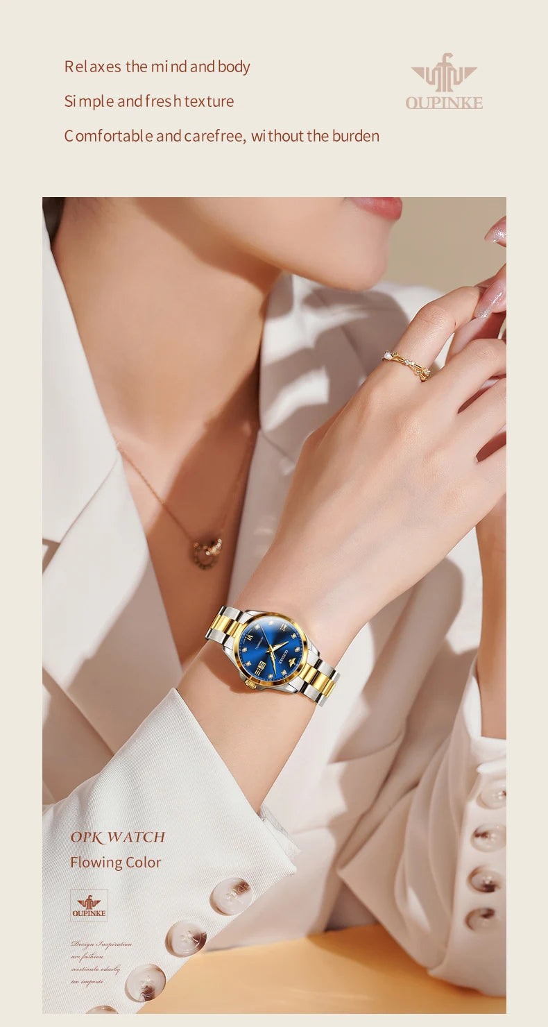 Original OUPINKE 3199 Swiss Automatic Mechanical Watch for Women Real Diamond Sapphire Mirror Ladies Watch Bracelet Set Gift NEW