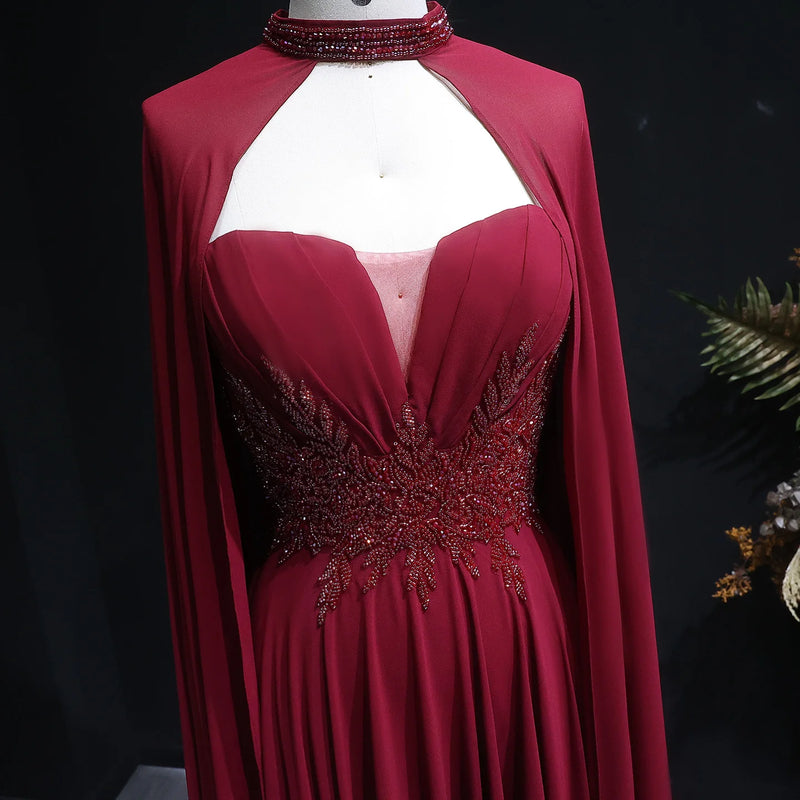 Sharon Said Arabic Burgundy Long Evening Dresses with Cape Beading Elegant Draped Women Wedding Party Gowns SF329 Customized