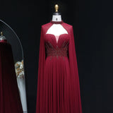 Sharon Said Arabic Burgundy Long Evening Dresses with Cape Beading Elegant Draped Women Wedding Party Gowns SF329 Customized