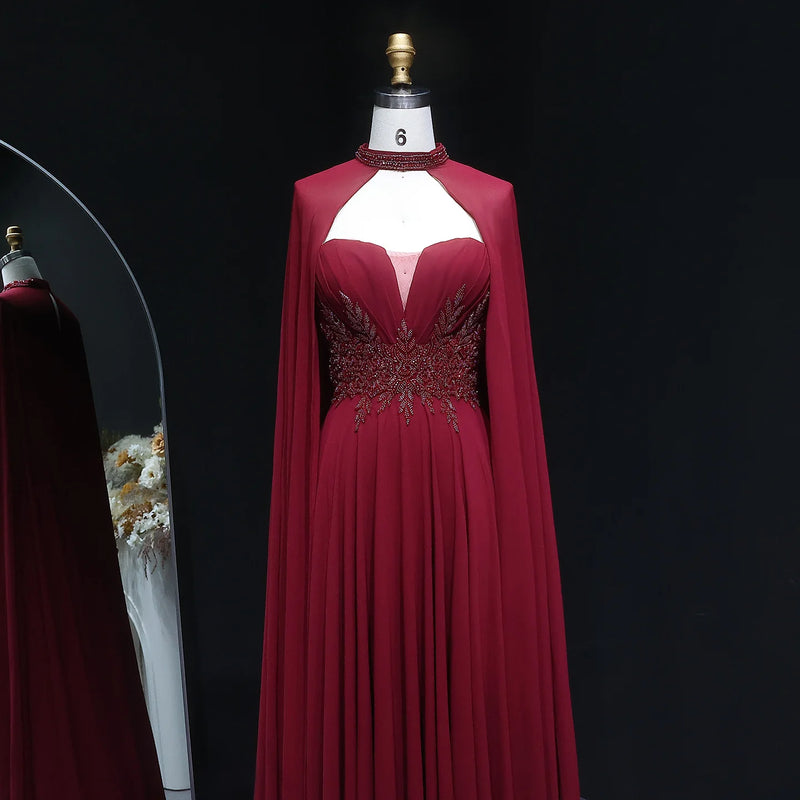 Sharon Said Arabic Burgundy Long Evening Dresses with Cape Beading Elegant Draped Women Wedding Party Gowns SF329 Customized