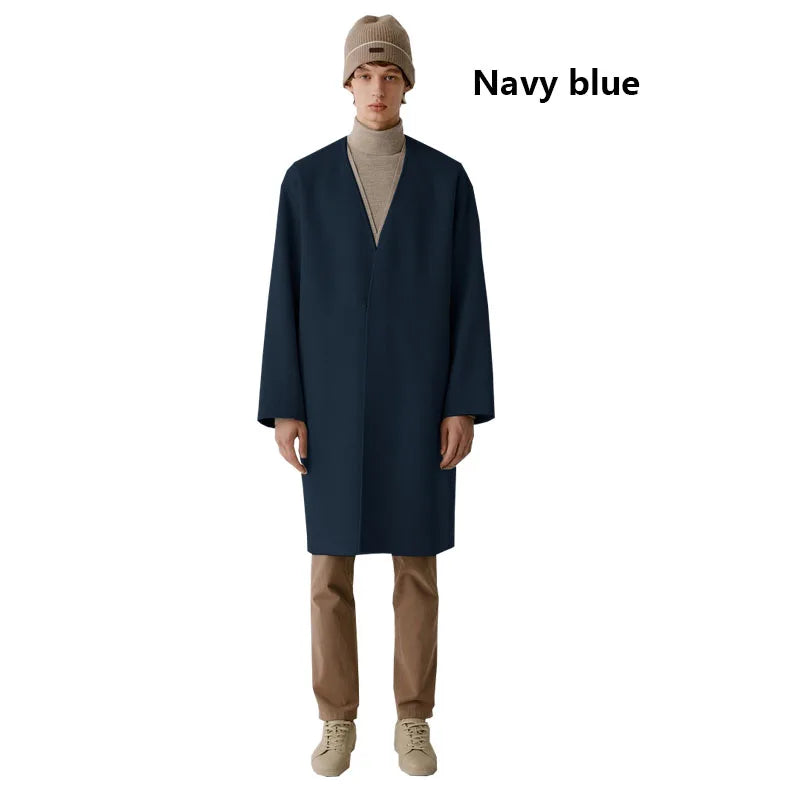 Double-sided cashmere autumn winter men's coat beige V-neck wool new fashion coat loose plus size fat 3XL 100KG warm soft wear