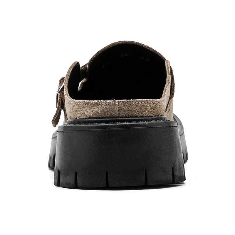 Fashion Khaki Suede Loafers Round Toe Toe  Thick Soled Slippers Men's Leather Shoes Party Casual Thick Soled Shoes for Men