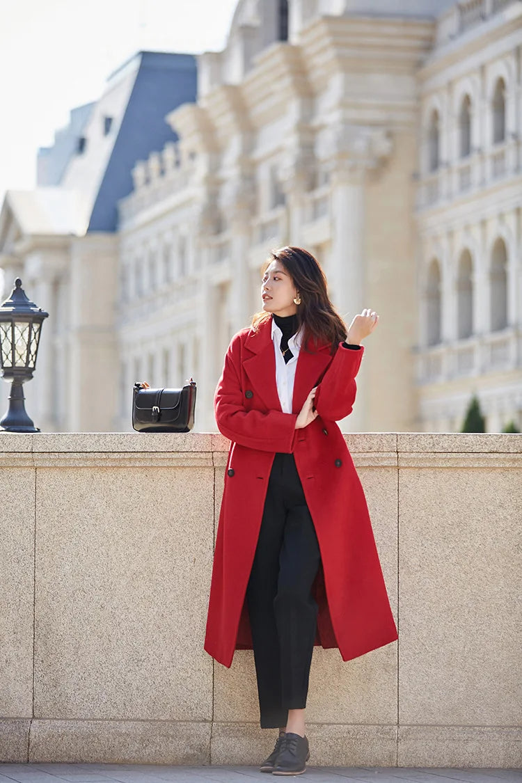 Women 100% Wool Coat For Winter Elegant Beautiful High Grade Brand Blends Double-breasted Office Woolen Overcoat XS With Belt