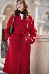 Women 100% Wool Coat For Winter Elegant Beautiful High Grade Brand Blends Double-breasted Office Woolen Overcoat XS With Belt