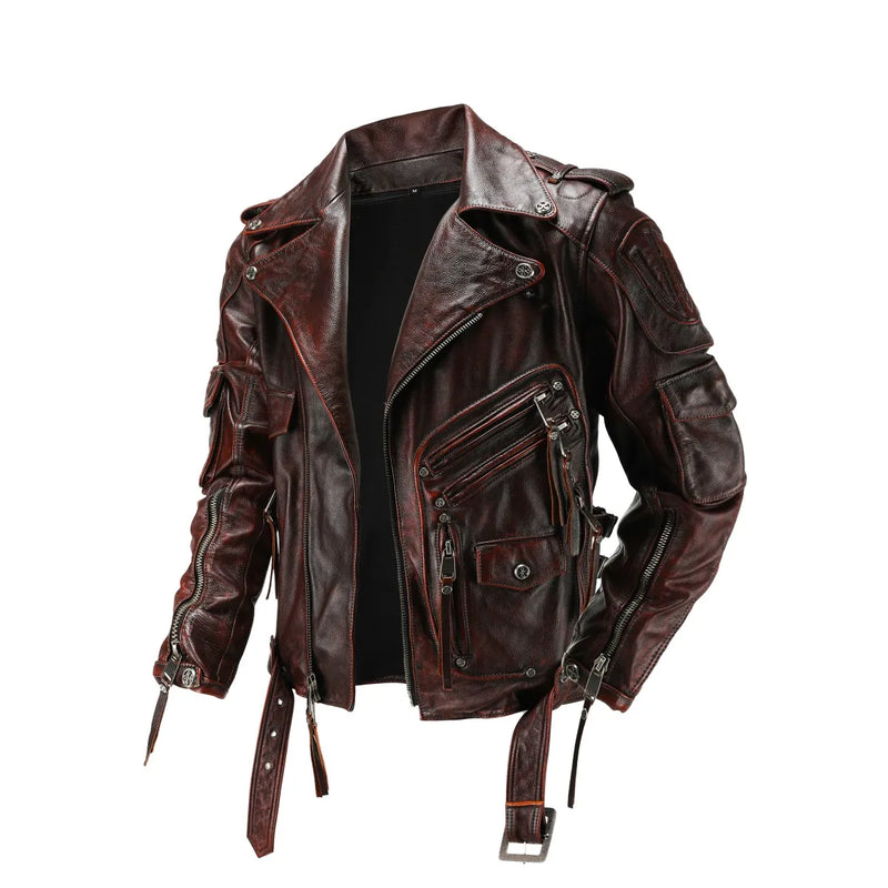 Copersian Men's Natural Leather Motorcycle Jacket Top Layer Causal Vintage Retro Moto Suit Leather Coat  Dropshipping Factory