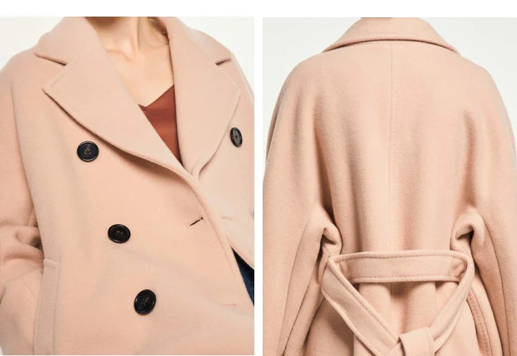 Sheep Wool women's Coat Autumn and Winter French Style Commuter Double-breasted Cashmere Coat Soft Shine Classic Pink Clothes
