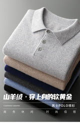 Men's POLO Collar Knitted Pullover Sweater 100% Cashmere Long Sleeved Shirt Casual Business Solid Color Men's Tops Autumn Winter