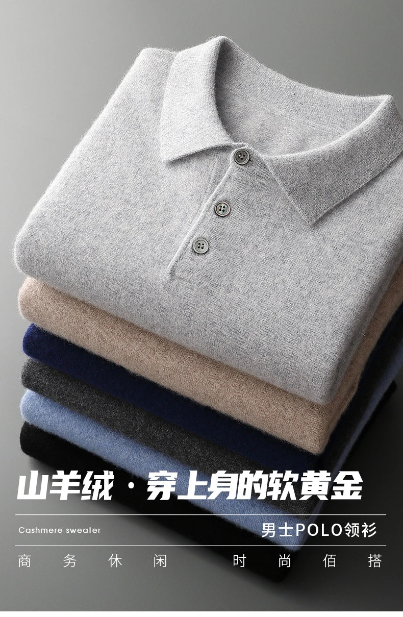 Men's POLO Collar Knitted Pullover Sweater 100% Cashmere Long Sleeved Shirt Casual Business Solid Color Men's Tops Autumn Winter
