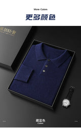 Men's POLO Collar Knitted Pullover Sweater 100% Cashmere Long Sleeved Shirt Casual Business Solid Color Men's Tops Autumn Winter