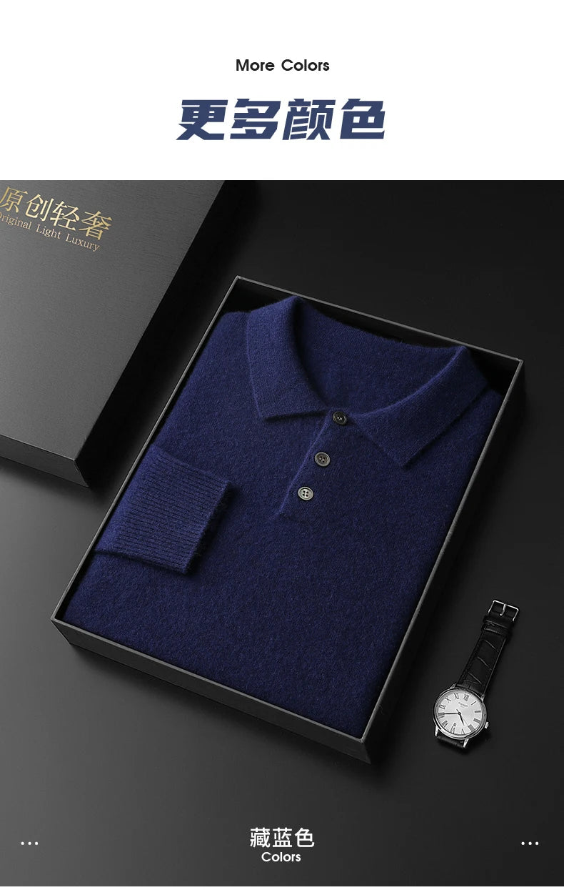 Men's POLO Collar Knitted Pullover Sweater 100% Cashmere Long Sleeved Shirt Casual Business Solid Color Men's Tops Autumn Winter