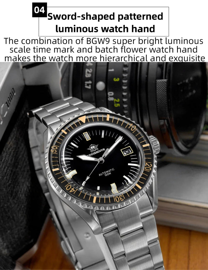 ADDIESDIVE 100m Waterproof Mechanical Watches Sapphire BGW9 Luminous NH35 Automatic Watch Stainless Steel Sports Diving Watches