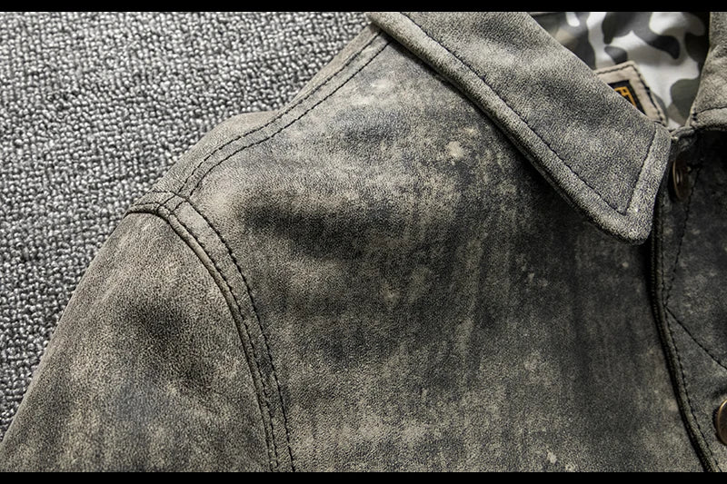 Camouflage Grey Spring Leather Jacket Men Vintage Style Genuine Natural Sheepskin Single Breasted Leather Coat